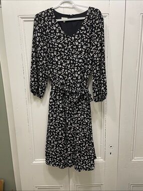 Talbots Black and White Leaf-Print Midi Dress size 12 Large